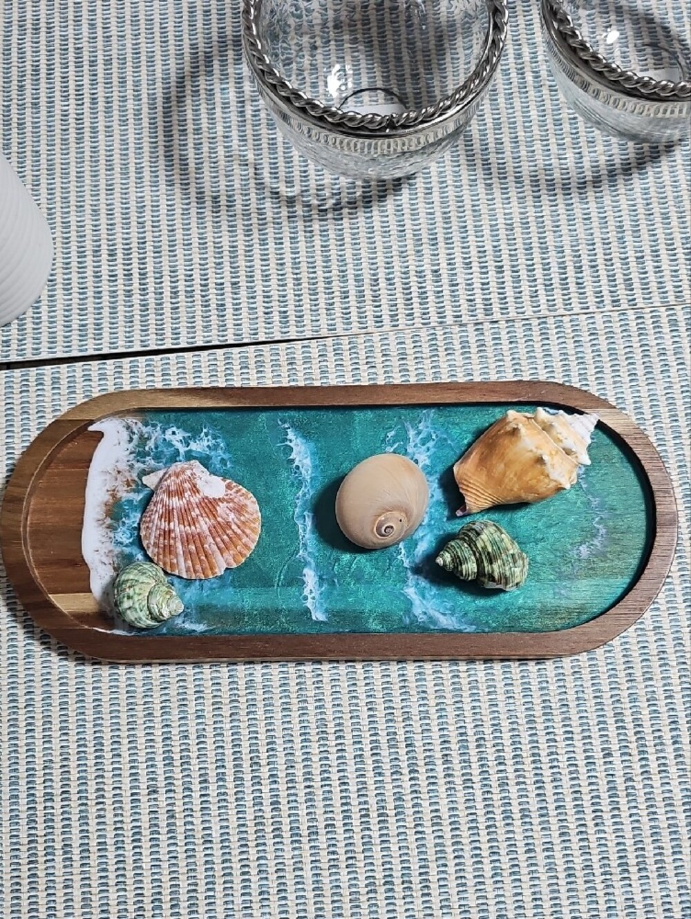 Teal Ocean Resin Acacia Wood Tray - Decorative Home Accent - Picture 6 of 11